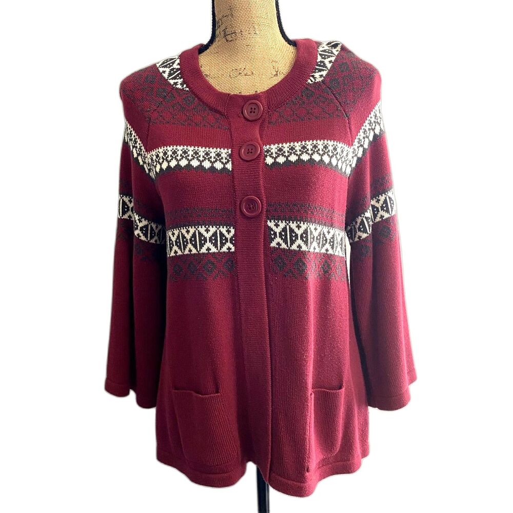Croft & Barrow Fair Isle Cardigan Sweater Red Nordic Button Front Size Medium